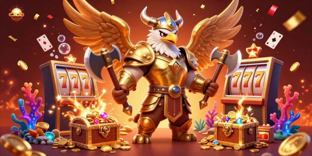 C168 brings excitement with a Viking bear and Valkyrie eagle amidst gold coins and slot machines.