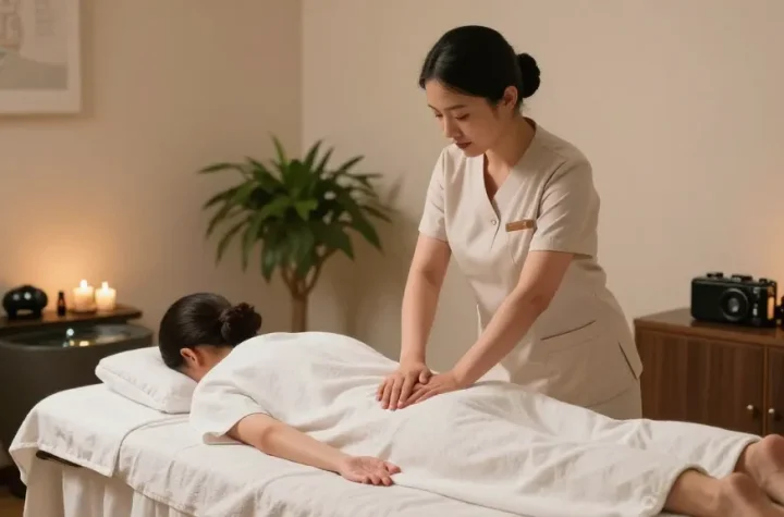 스웨디시 마사지 치료실에서 마사지사가 고객을 치료하는 모습