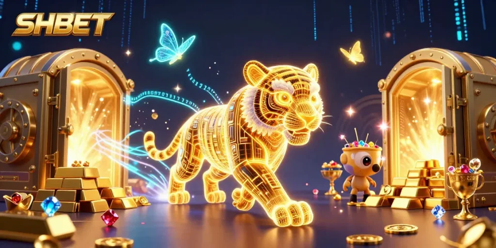 SHBET offers thrilling gameplay with a neon-wireframe golden tiger in a dynamic casino illustration.
