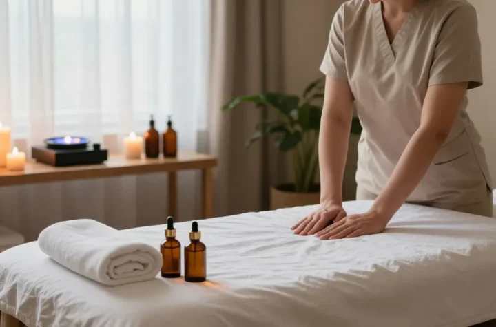 스웨디시 마사지 테이블 위에 고급 마사지 오일과 촉촉한 타올이 준비된 편안한 스파 환경