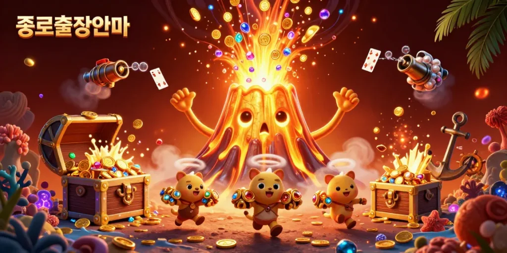 Experience the excitement of 종로출장안마 with a vibrant 3D illustration showcasing winning treasures and immersive game elements.