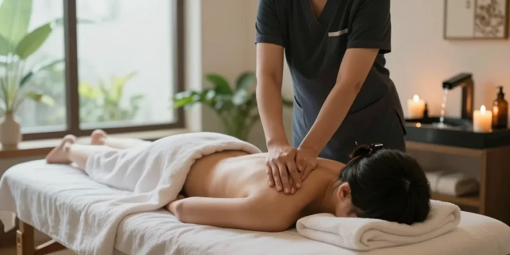 수원마사지 전문 마사지샵에서 편안한 마사지 받는 모습, 아늑한 분위기 속에서 긴장이 풀린 고객