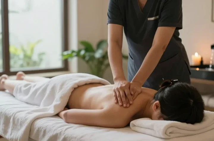 수원마사지 전문 마사지샵에서 편안한 마사지 받는 모습, 아늑한 분위기 속에서 긴장이 풀린 고객