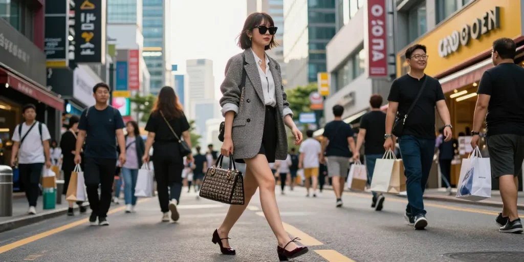 강남 세이렌 스타일의 패셔너블한 개인이 번화한 거리에서 자신감을 발산하며 걷고 있는 모습