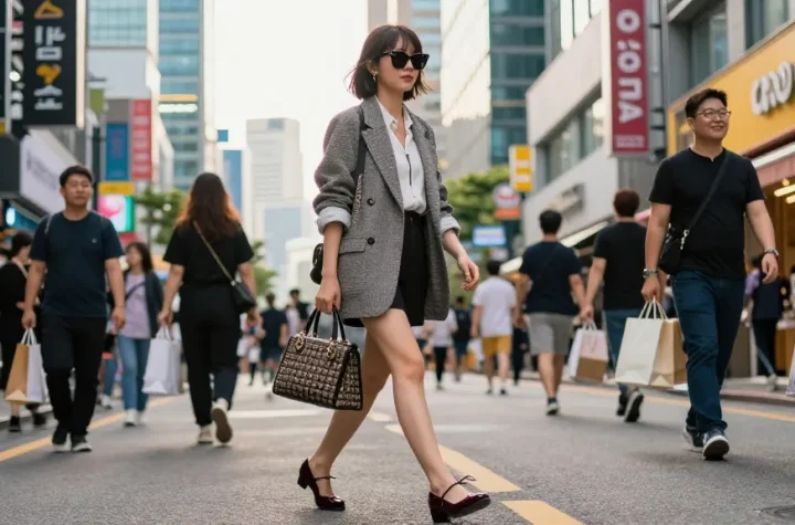 강남 세이렌 스타일의 패셔너블한 개인이 번화한 거리에서 자신감을 발산하며 걷고 있는 모습