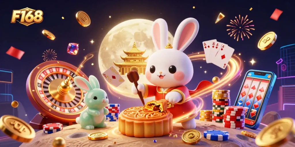 Experience the excitement of F168 with a vivid illustration featuring unique casino elements and characters.