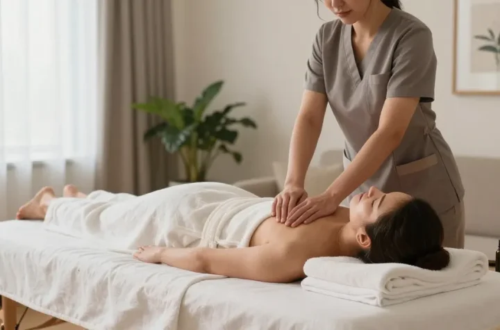 A serene home massage scene featuring a professional therapist preparing for 종로출장안마 with calming decor and soft lighting.