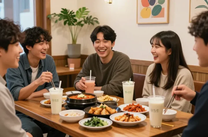 인천쓰리노에서 친구들과 함께 전통 음료와 간식을 즐기는 따뜻한 카페의 모습