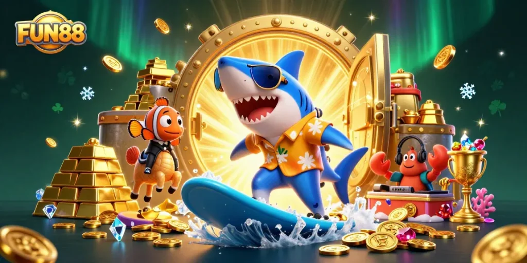 Experience the exciting FUN88 casino action with a vibrant shark surfing on gold coins.