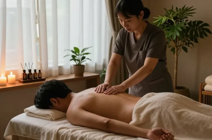 편안한 마사지실에서 남성 전용 제주마사지 모습