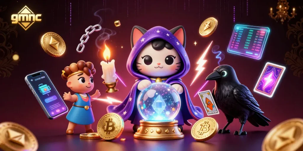 Spin the reels and explore gmnc’s vibrant 3D fortune-telling scene with crypto elements.